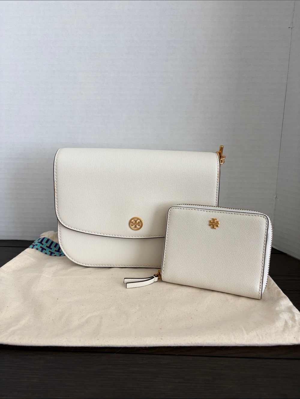 Tory Burch Ivory Leather Crossbody Bag with Matching Zip Wallet - SOLD TOGETHER